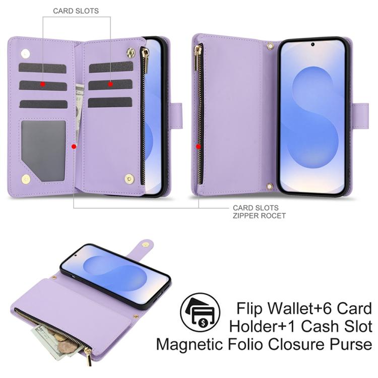 For Samsung Galaxy S25 / S24 5G YM016 Rhombic Zipper Card Wallet Leather Phone Case with Lanyard