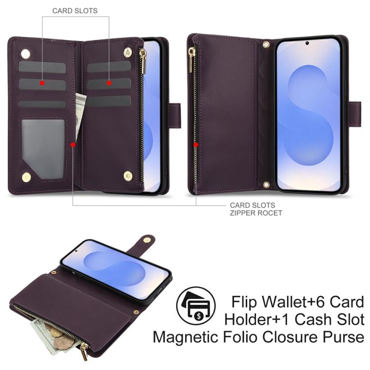 For Samsung Galaxy S25 / S24 5G YM016 Rhombic Zipper Card Wallet Leather Phone Case with Lanyard