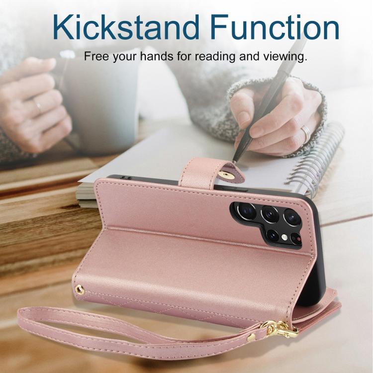 For Samsung Galaxy S25 Ultra 5G YM016 Rhombic Zipper Card Wallet Leather Phone Case with Lanyard