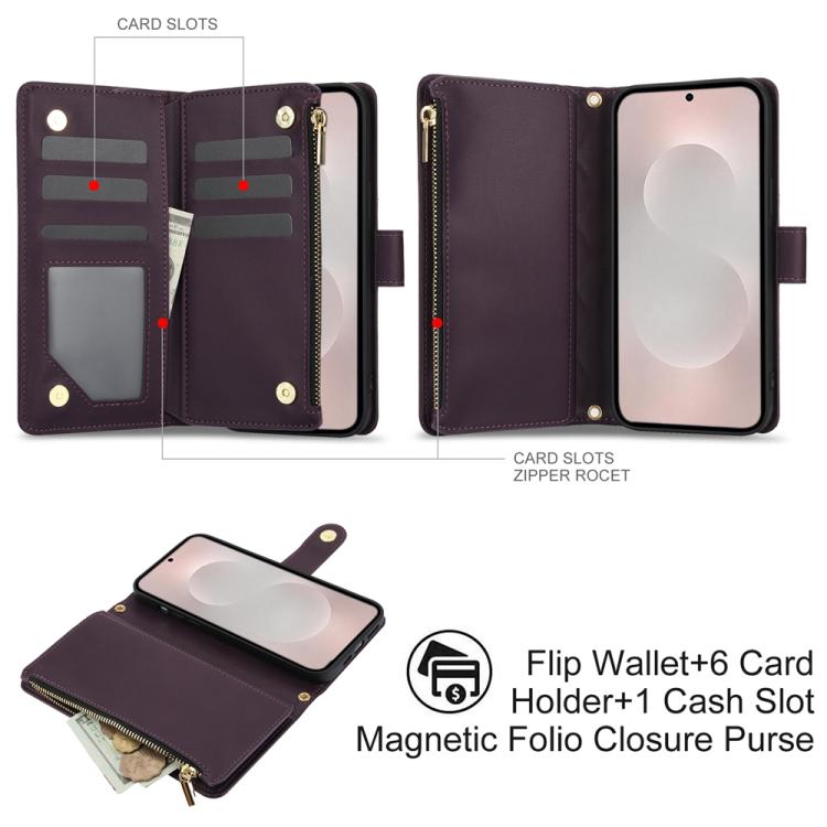 For Samsung Galaxy S25 Edge 5G YM016 Rhombic Zipper Card Wallet Leather Phone Case with Lanyard