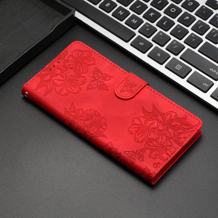 For Xiaomi Redmi 10C Cherry Blossom Butterfly Skin Feel Embossed PU Phone Case