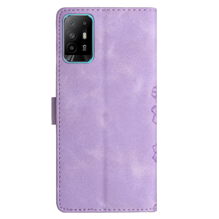 For OPPO A94 5G Cherry Blossom Butterfly Skin Feel Embossed PU Phone Case