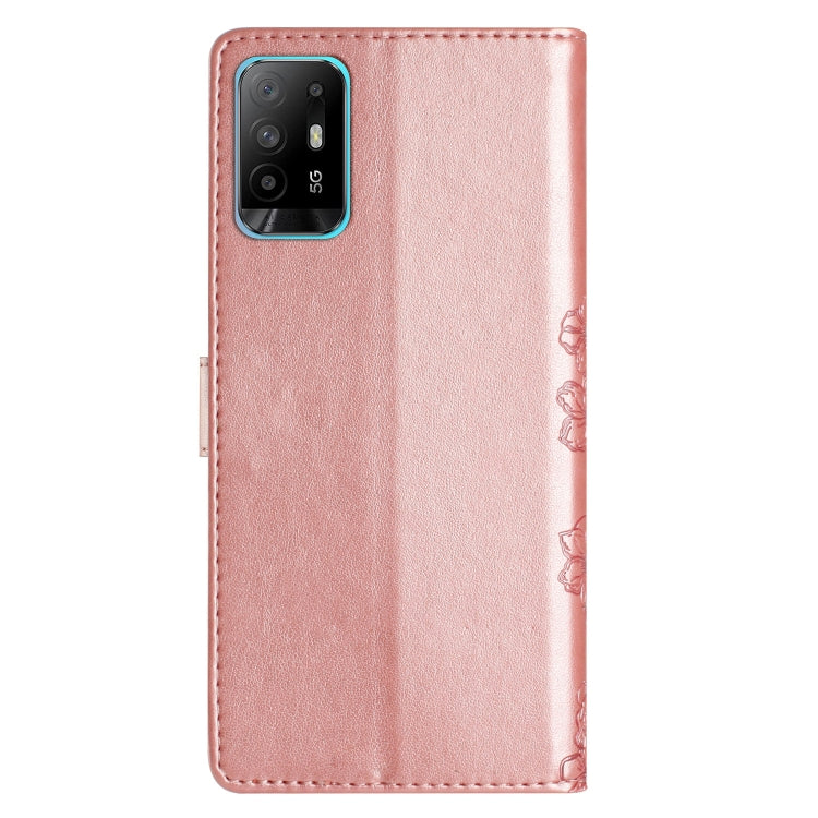 For OPPO A94 5G Cherry Blossom Butterfly Skin Feel Embossed PU Phone Case