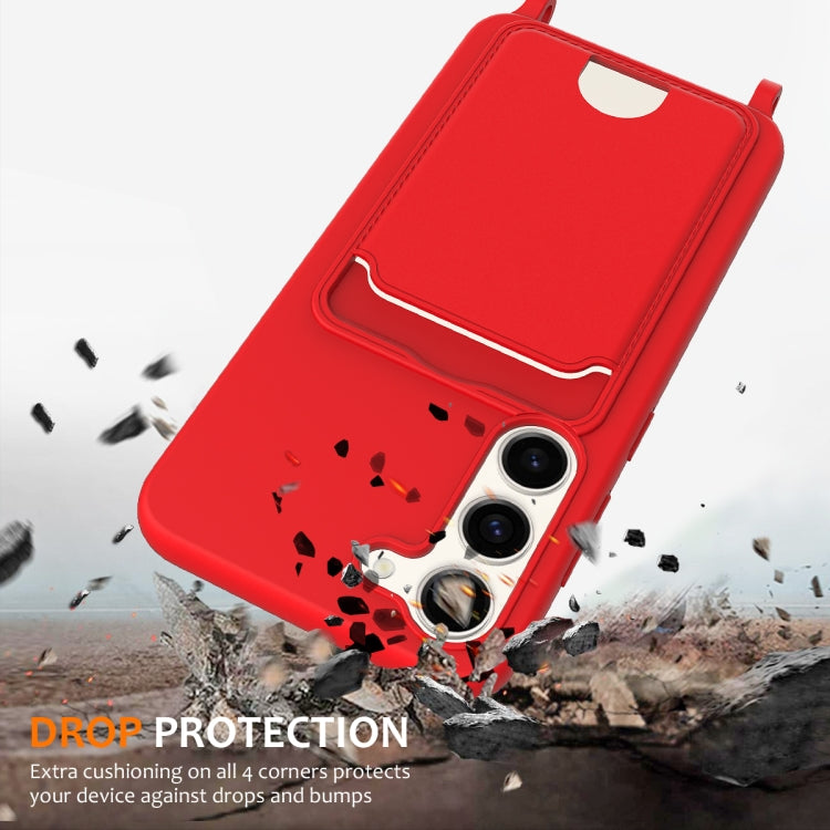 For Samsung Galaxy S23+ 5G Integrated Card Bag Solid Color Liquid Silicone Phone Case with Lanyard