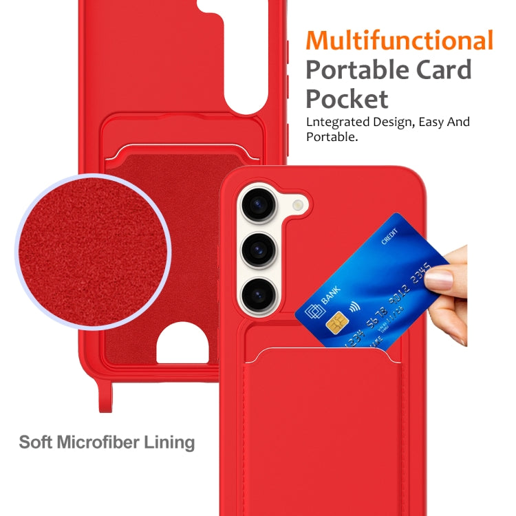 For Samsung Galaxy S23+ 5G Integrated Card Bag Solid Color Liquid Silicone Phone Case with Lanyard