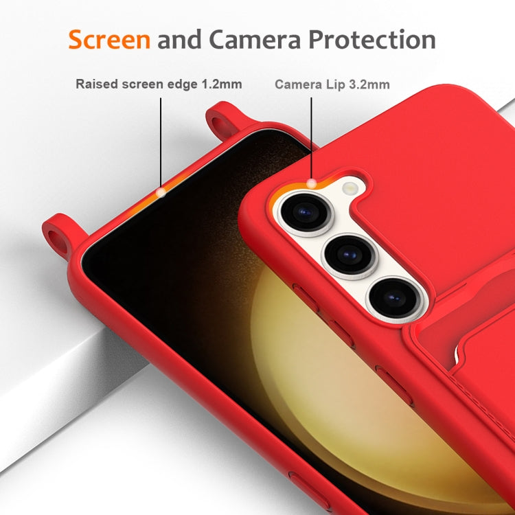 For Samsung Galaxy S23+ 5G Integrated Card Bag Solid Color Liquid Silicone Phone Case with Lanyard