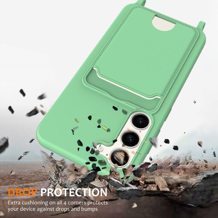For Samsung Galaxy S23+ 5G Integrated Card Bag Solid Color Liquid Silicone Phone Case with Lanyard