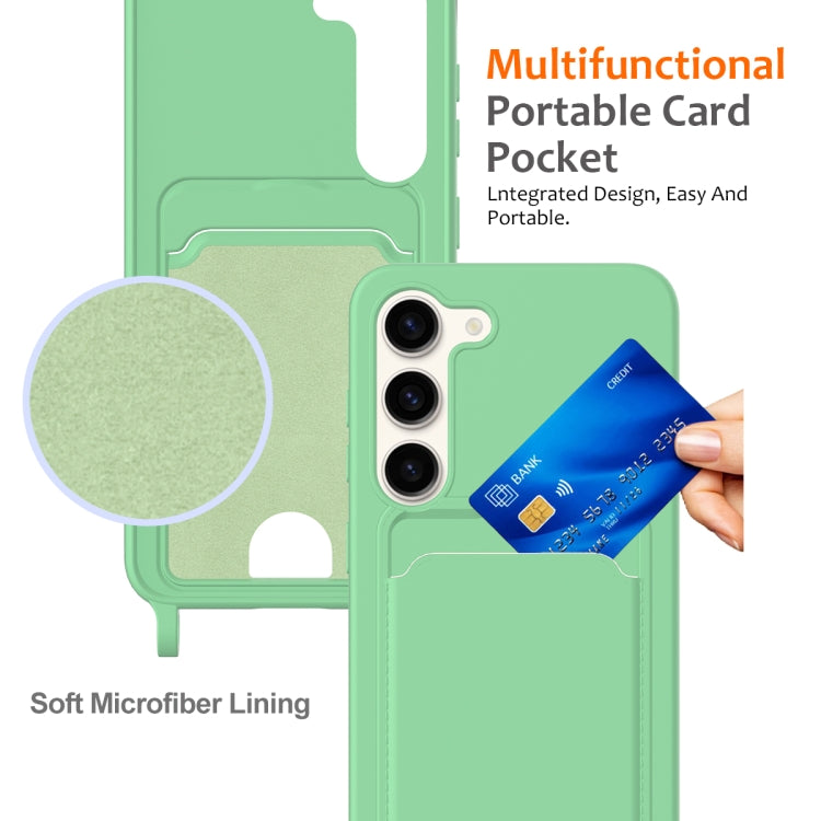 For Samsung Galaxy S23+ 5G Integrated Card Bag Solid Color Liquid Silicone Phone Case with Lanyard