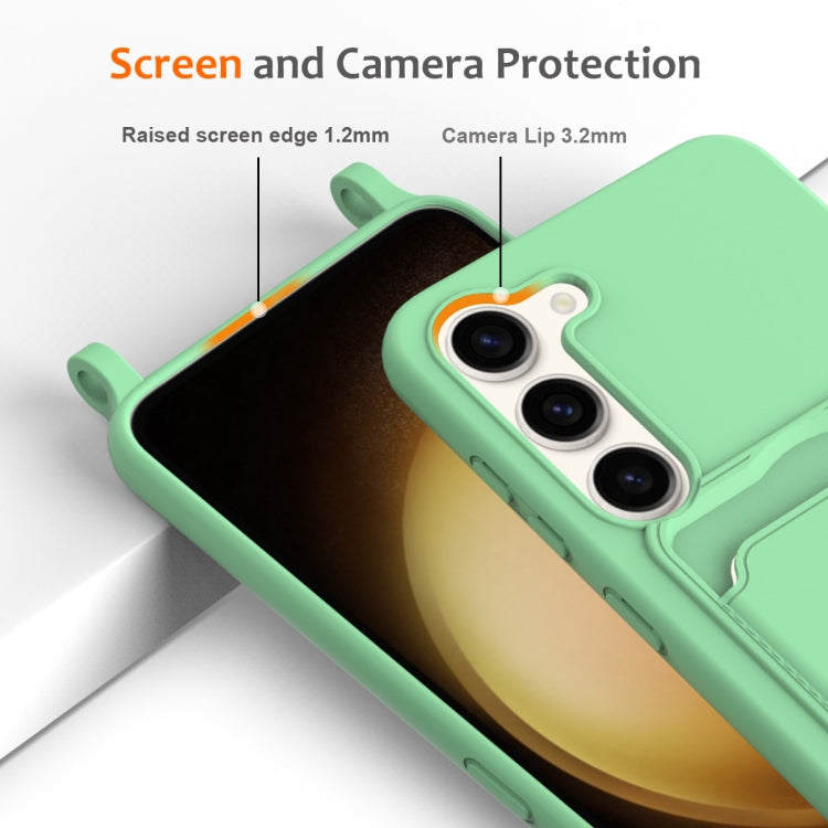 For Samsung Galaxy S23+ 5G Integrated Card Bag Solid Color Liquid Silicone Phone Case with Lanyard
