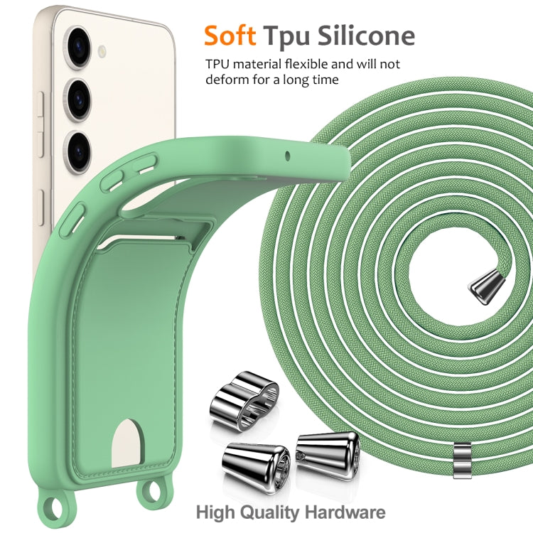 For Samsung Galaxy S23+ 5G Integrated Card Bag Solid Color Liquid Silicone Phone Case with Lanyard