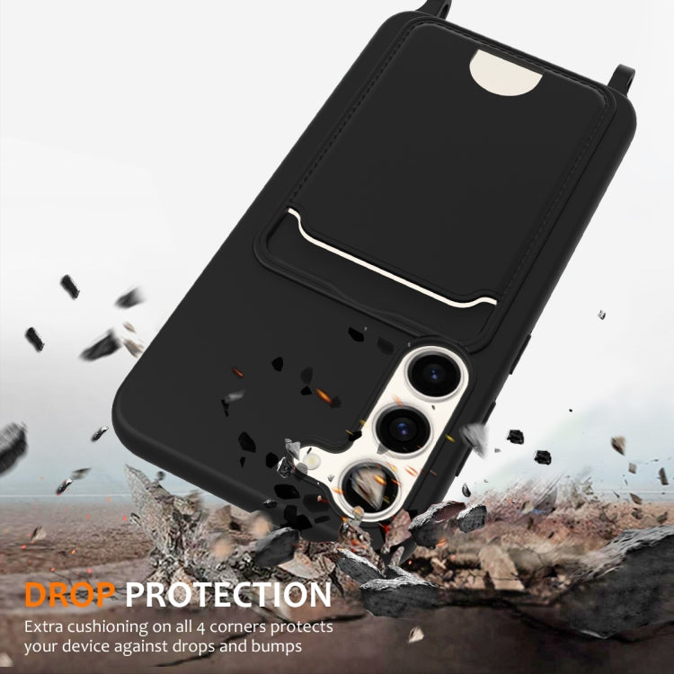 For Samsung Galaxy S23+ 5G Integrated Card Bag Solid Color Liquid Silicone Phone Case with Lanyard
