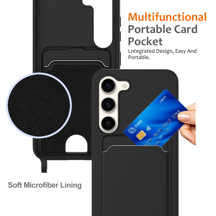 For Samsung Galaxy S23+ 5G Integrated Card Bag Solid Color Liquid Silicone Phone Case with Lanyard