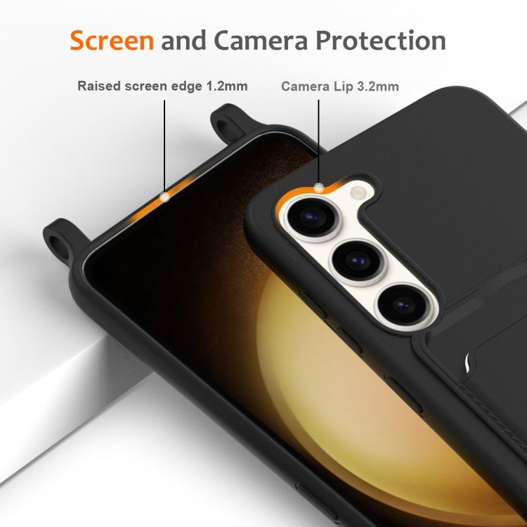 For Samsung Galaxy S23+ 5G Integrated Card Bag Solid Color Liquid Silicone Phone Case with Lanyard