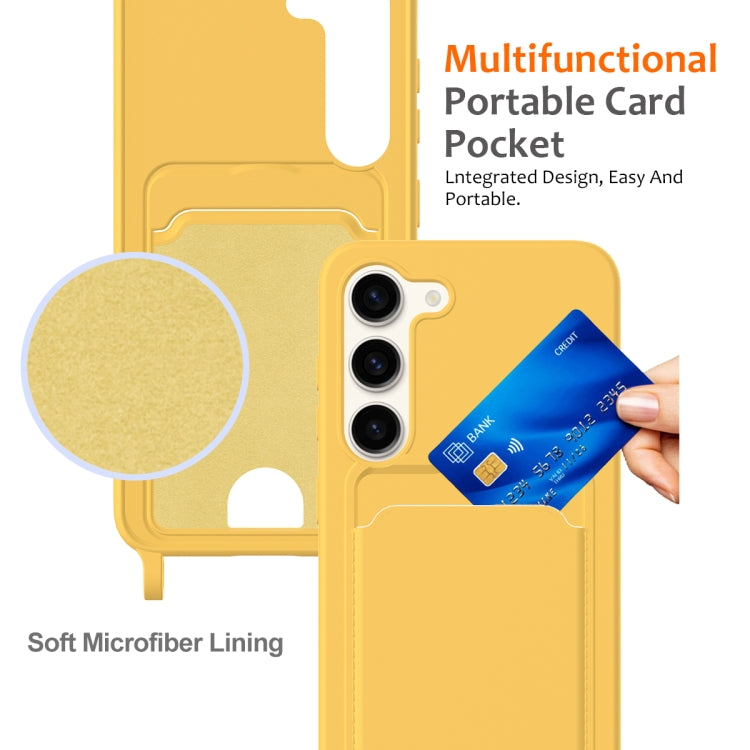 For Samsung Galaxy S23+ 5G Integrated Card Bag Solid Color Liquid Silicone Phone Case with Lanyard