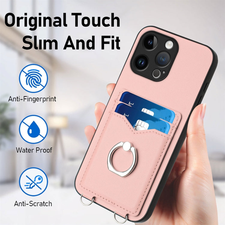 For iPhone 15 Pro Max R20 Crossbody Rope Ring Card Holder Phone Case