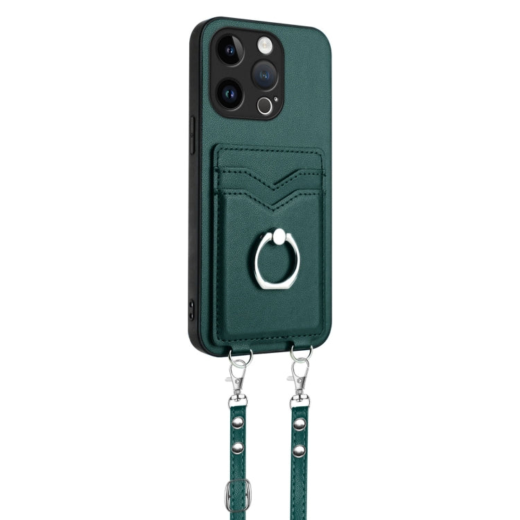 For iPhone 15 Pro R20 Crossbody Rope Ring Card Holder Phone Case
