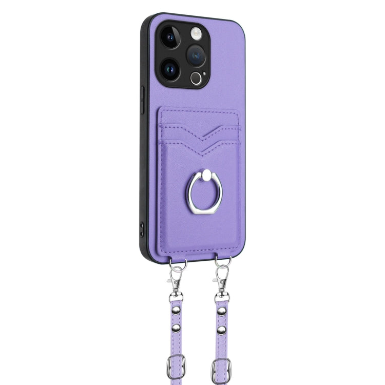 For iPhone 15 Pro R20 Crossbody Rope Ring Card Holder Phone Case