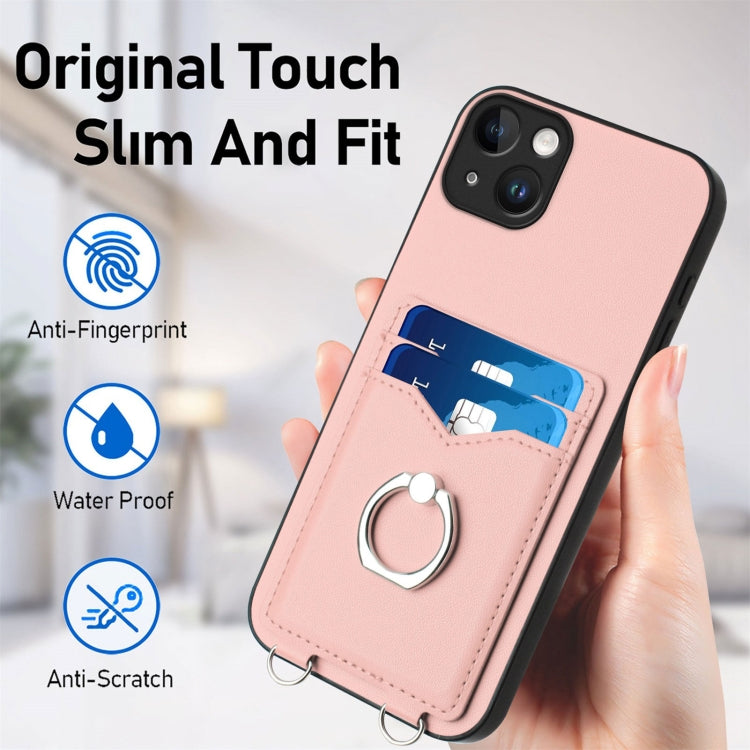 For iPhone 15 Plus R20 Crossbody Rope Ring Card Holder Phone Case