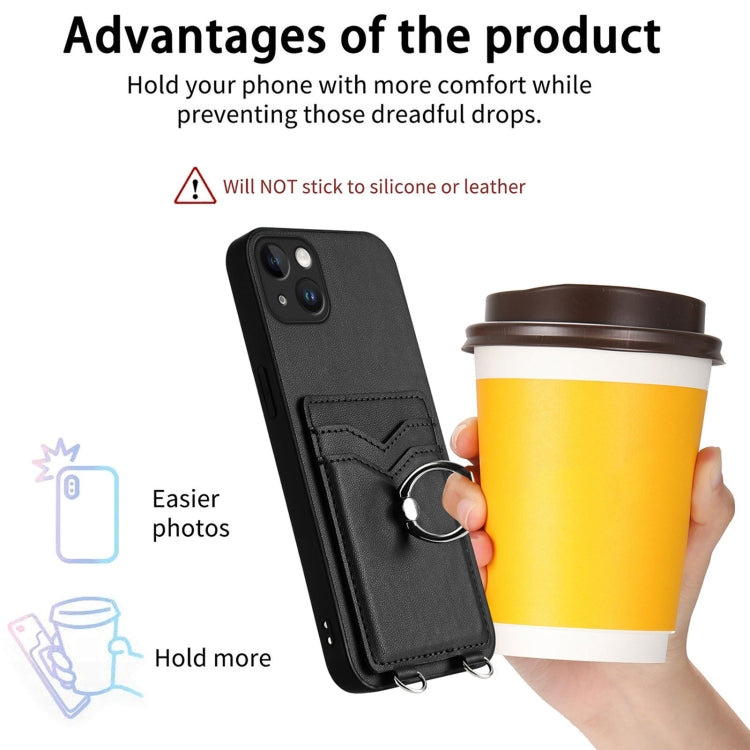 For iPhone 15 Plus R20 Crossbody Rope Ring Card Holder Phone Case