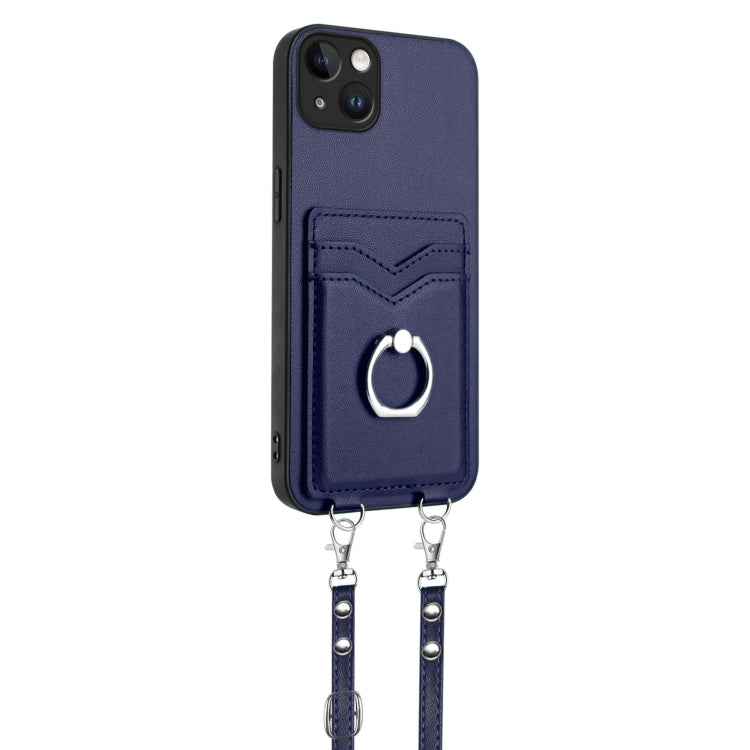 For iPhone 15 Plus R20 Crossbody Rope Ring Card Holder Phone Case