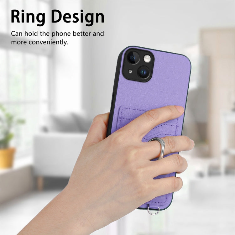For iPhone 15 Plus R20 Crossbody Rope Ring Card Holder Phone Case