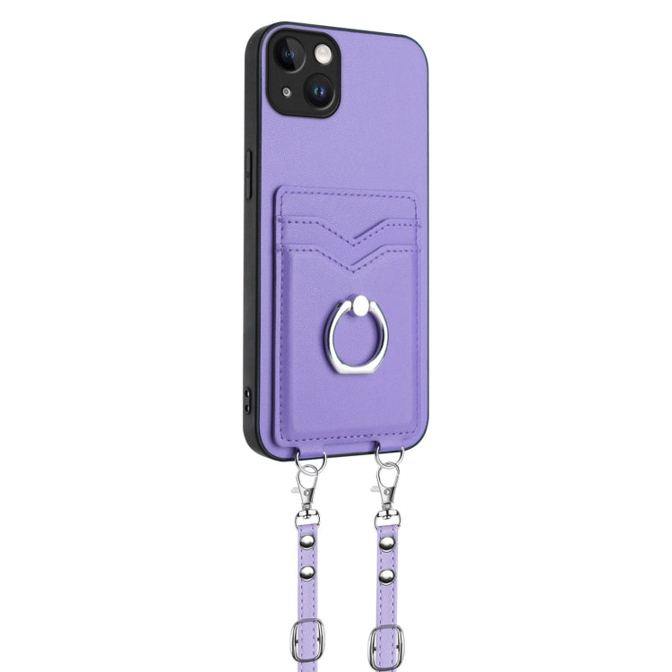 For iPhone 15 Plus R20 Crossbody Rope Ring Card Holder Phone Case