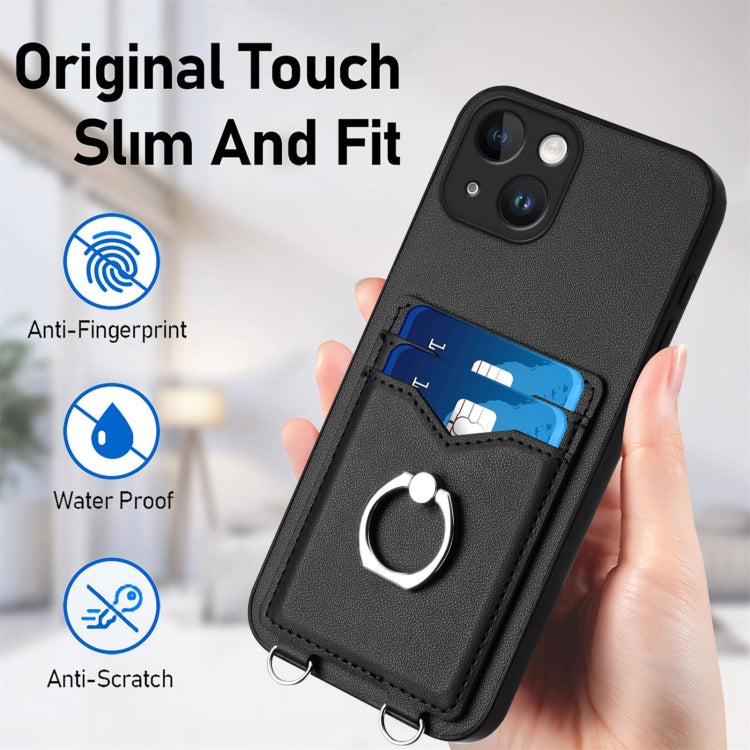 For iPhone 15 R20 Crossbody Rope Ring Card Holder Phone Case