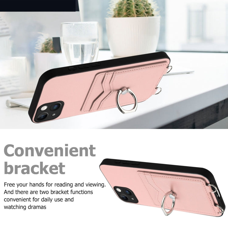 For iPhone 14 Plus R20 Crossbody Rope Ring Card Holder Phone Case