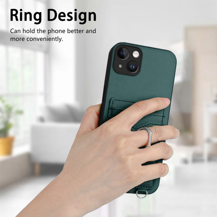 For iPhone 14 Plus R20 Crossbody Rope Ring Card Holder Phone Case
