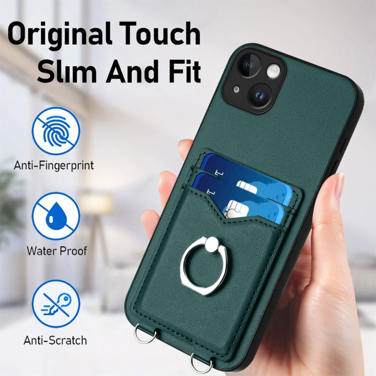 For iPhone 14 Plus R20 Crossbody Rope Ring Card Holder Phone Case