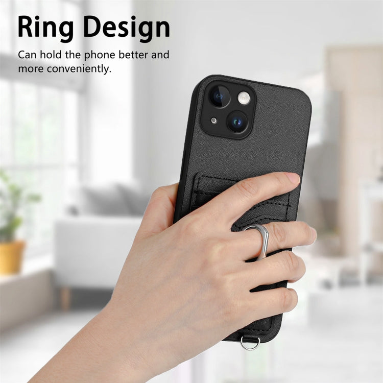 For iPhone 14 R20 Crossbody Rope Ring Card Holder Phone Case