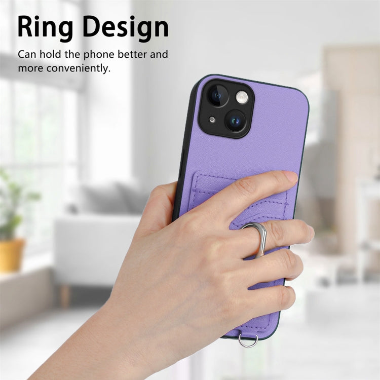 For iPhone 14 R20 Crossbody Rope Ring Card Holder Phone Case
