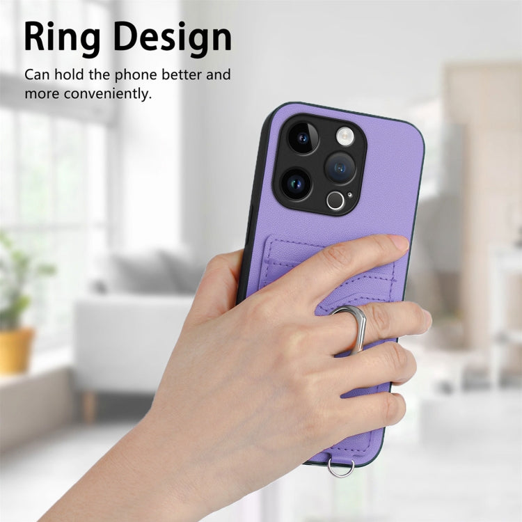 For iPhone 14 Pro R20 Crossbody Rope Ring Card Holder Phone Case