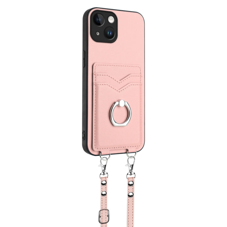 For iPhone 13 R20 Crossbody Rope Ring Card Holder Phone Case