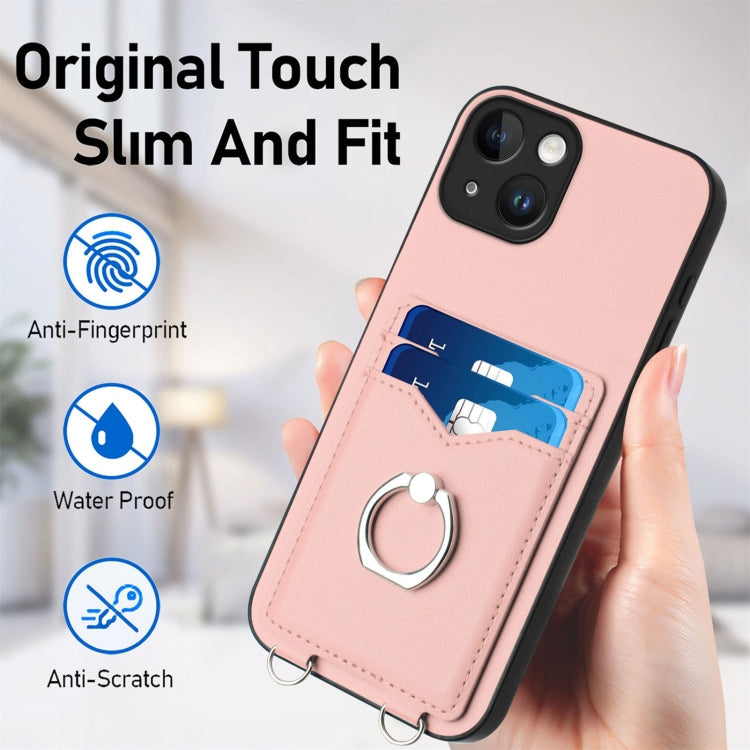 For iPhone 13 R20 Crossbody Rope Ring Card Holder Phone Case