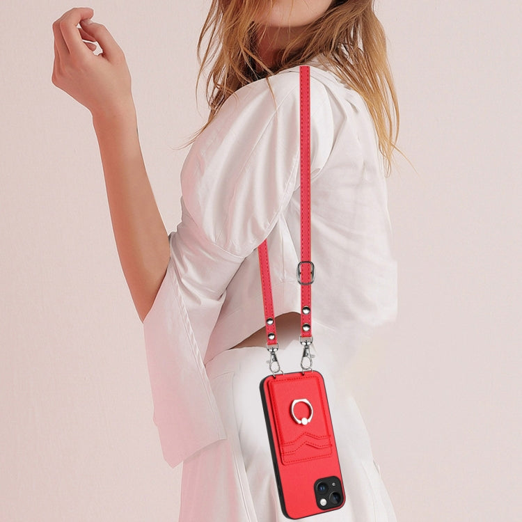 For iPhone 13 R20 Crossbody Rope Ring Card Holder Phone Case