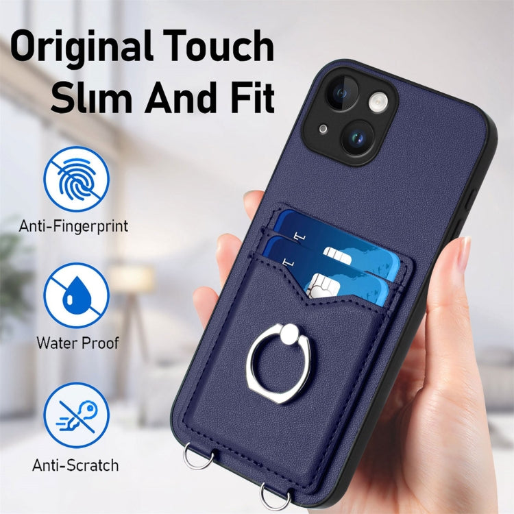 For iPhone 13 R20 Crossbody Rope Ring Card Holder Phone Case