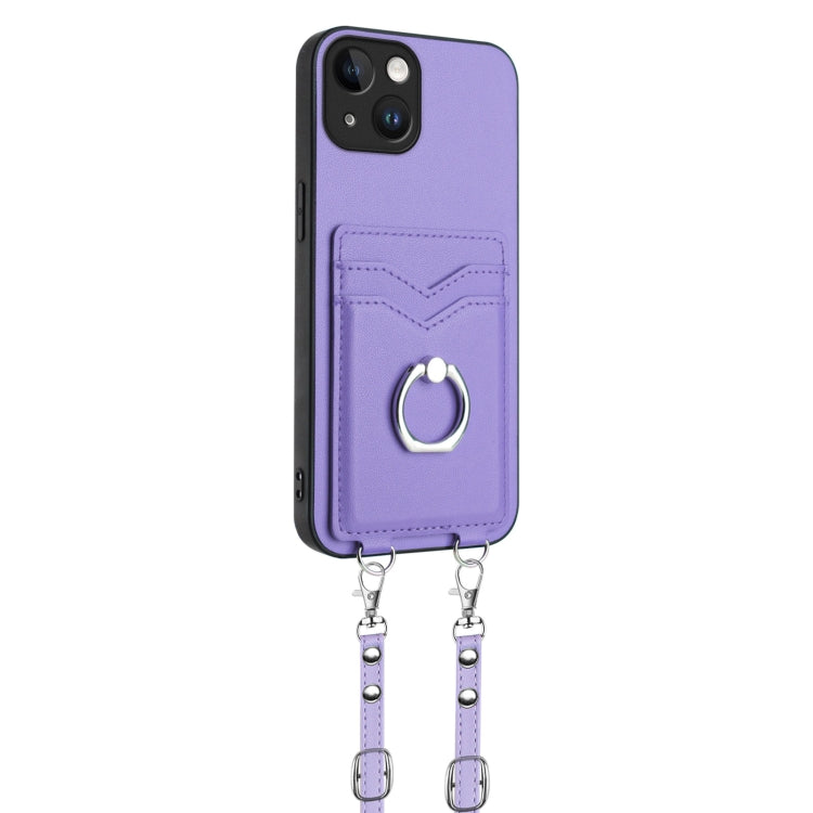 For iPhone 13 R20 Crossbody Rope Ring Card Holder Phone Case