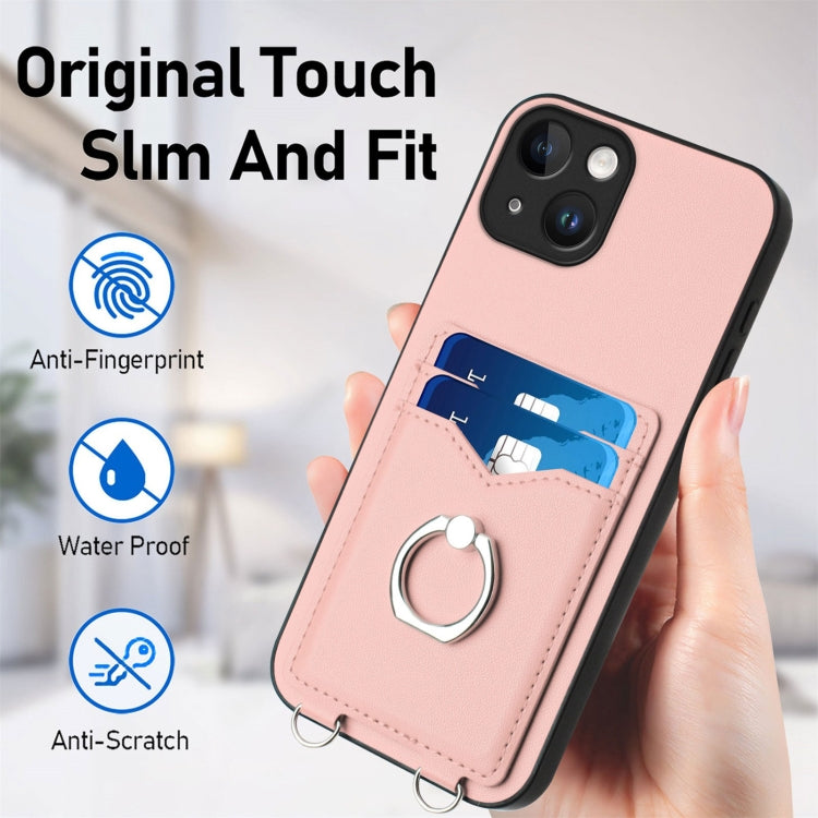 For iPhone 13 mini R20 Crossbody Rope Ring Card Holder Phone Case