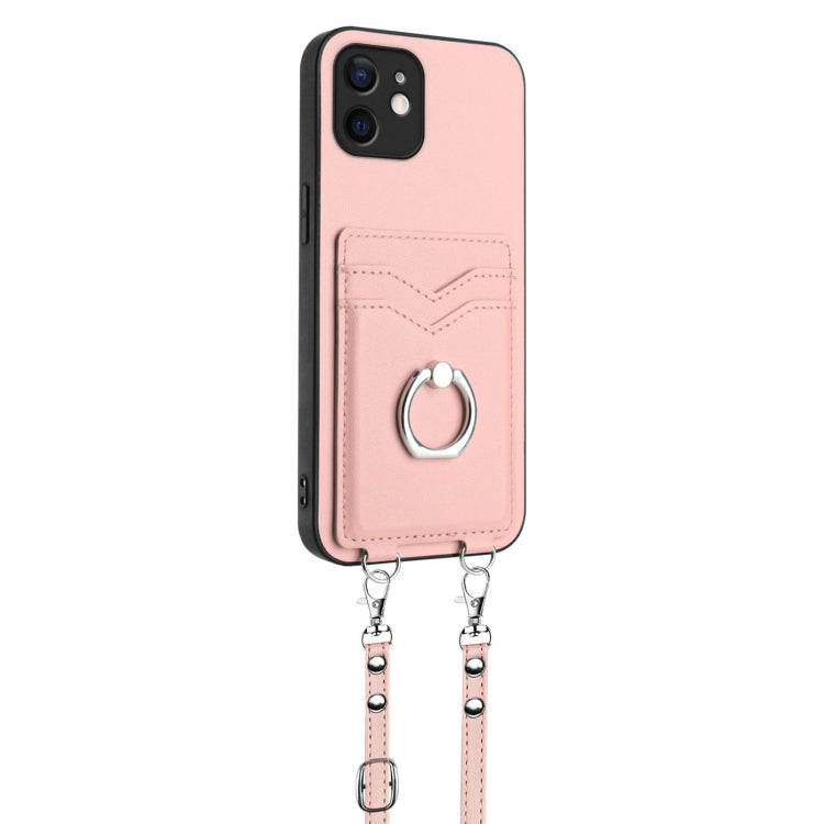 For iPhone 12 R20 Crossbody Rope Ring Card Holder Phone Case