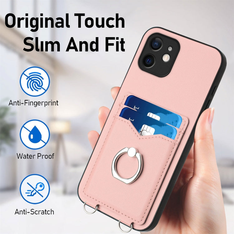 For iPhone 12 R20 Crossbody Rope Ring Card Holder Phone Case