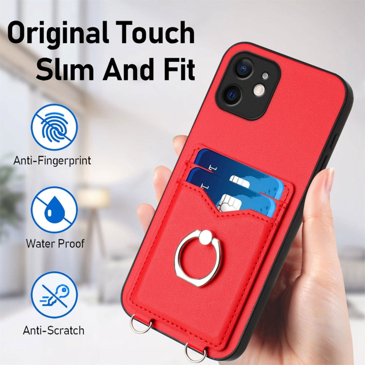 For iPhone 12 R20 Crossbody Rope Ring Card Holder Phone Case