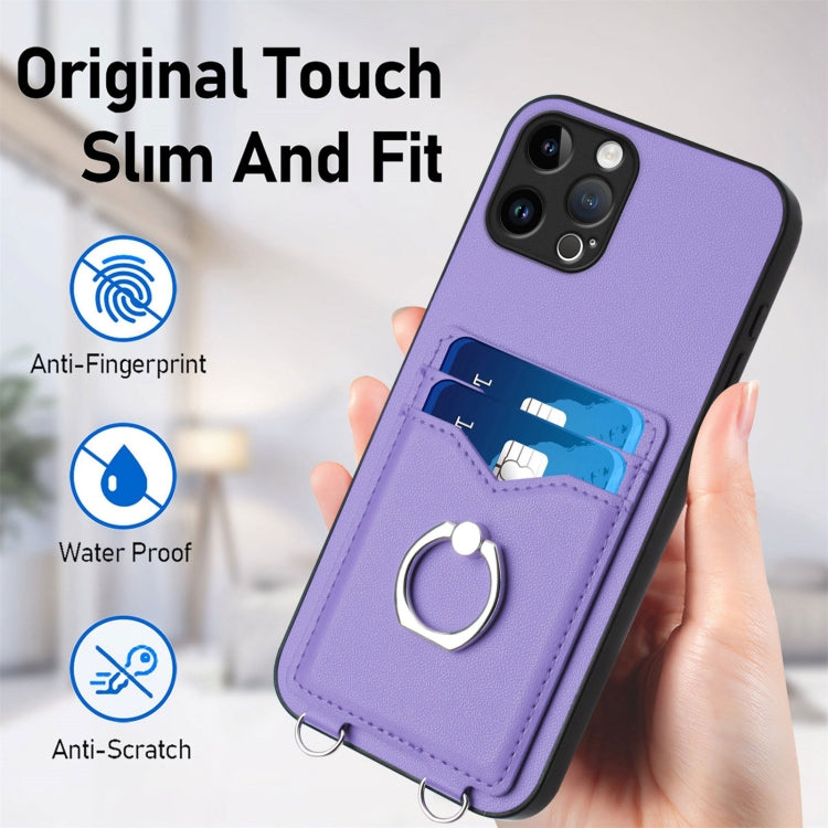 For iPhone 12 Pro R20 Crossbody Rope Ring Card Holder Phone Case