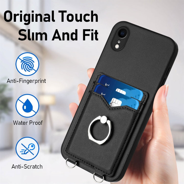 For iPhone XR R20 Crossbody Rope Ring Card Holder Phone Case