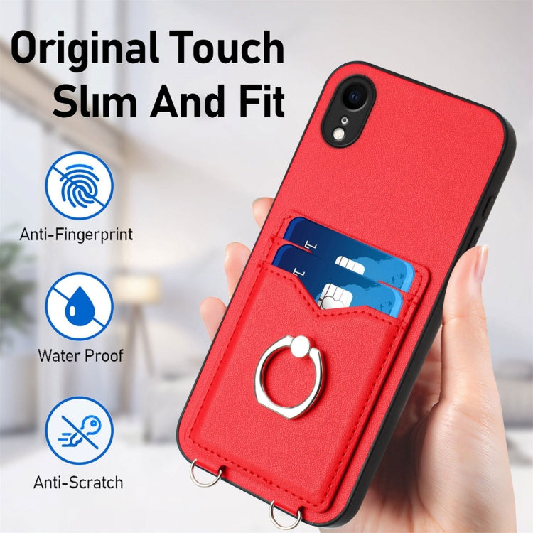 For iPhone XR R20 Crossbody Rope Ring Card Holder Phone Case