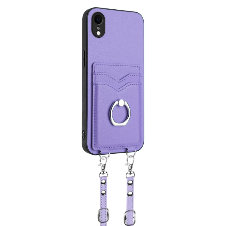 For iPhone XR R20 Crossbody Rope Ring Card Holder Phone Case