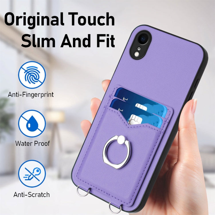 For iPhone XR R20 Crossbody Rope Ring Card Holder Phone Case
