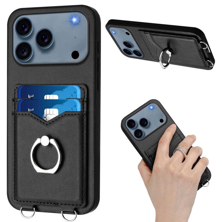 For iPhone 17 Pro Max R20 Crossbody Rope Ring Card Holder Phone Case