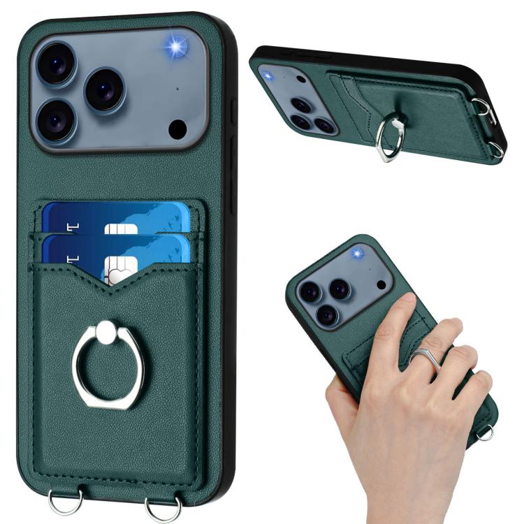 For iPhone 17 Pro Max R20 Crossbody Rope Ring Card Holder Phone Case