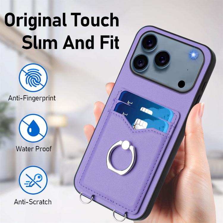 For iPhone 17 Pro Max R20 Crossbody Rope Ring Card Holder Phone Case